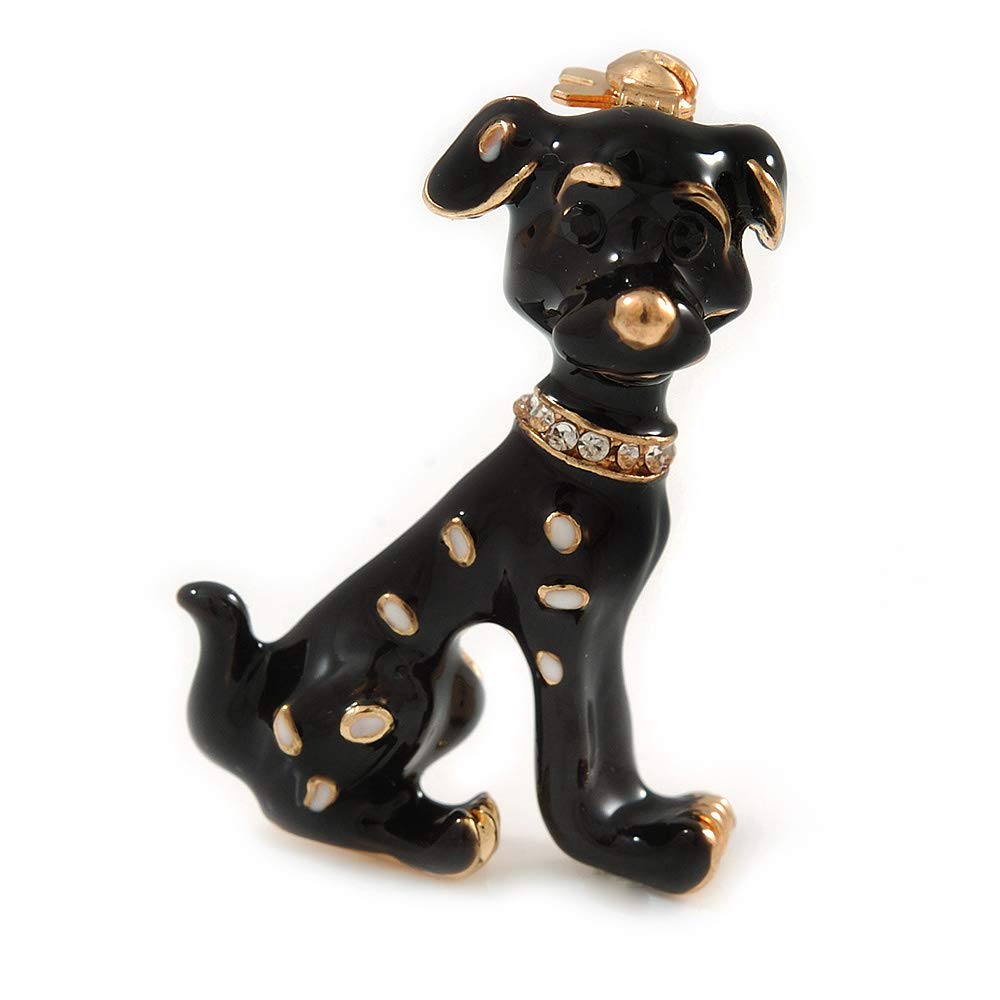 Gold Tone Black/White Enamel Dalmatian Puppy Dog Brooch - 40mm Tall