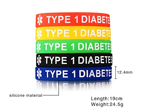 XUANPAI 5 Pack Rubber Silicone Sport Type 1 Diabetes Medical Emergency Alert ID Bracelets Wristband Men Women Kids
