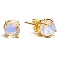 Gempires Natural Raw Rainbow Moonstone Prong Setting Stud Earrings June Birthstone Crystals Earring New Beginning Handmade Jewelry Gift For New Years & Christmas (Rainbow Moonstone)