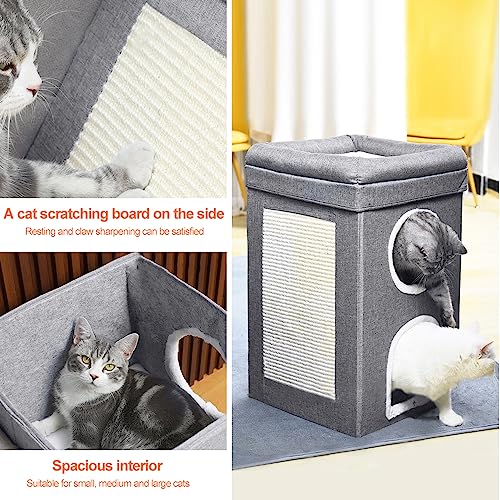 Foldable Cat House 2-in-1 Large Cats Cave Kitten Bed with Cube Cat Scratching Pad Collapsible Pet Hideaway Playground Kitten Tunnel Sleeping Cot Condo Furniture Baby Cat Stool Play Center(Grey)