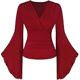 Women's Renaissance Wrap Top V Neck Long Bell Sleeve Ruched Blouse Medieval Boho Shirt for Ren Faire Party Casual Wear