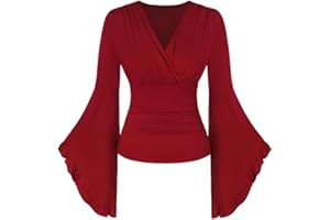 FLORENCE IISA Women's Renaissance Wrap Top V Neck Long Bell Sleeve Ruched Blouse Medieval Boho Shirt for Ren Faire Party Casual Wear