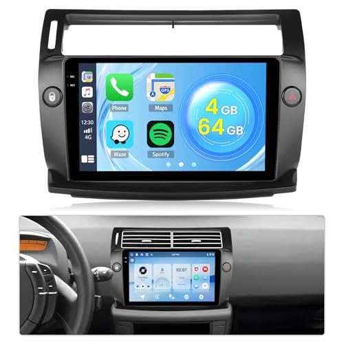 4G+64G Android 15 Car Radio for Citroen C4 2004-2009 Wireless Carplay Android Auto Roinvou, 9'' Incell Touch Screen Radio with Mirror Link GPS Bluetooth FM RDS WiFi EQ SWC Backup Camera