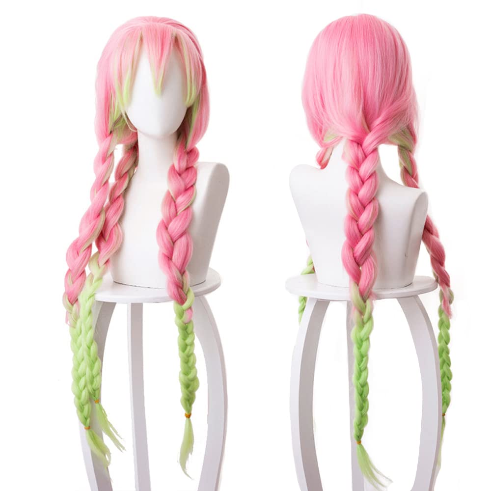 Long Pink Gradient Green Three Braided Cosplay for Women Halloween Conventions Cos Anime Party Heat Resistant Synthetic Fabric Costume Hair — image 1