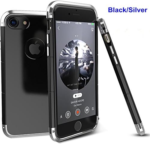iPhone 7 Case,Aircraft Metal Bumper Plastic Back Case Cover for iPhone 7 4.7'' with Tempered Glass Screen Protector,Anti-knock Shockproof Tough CNC Aluminum Frame Back Cover Cases Shell (Black/Silver)