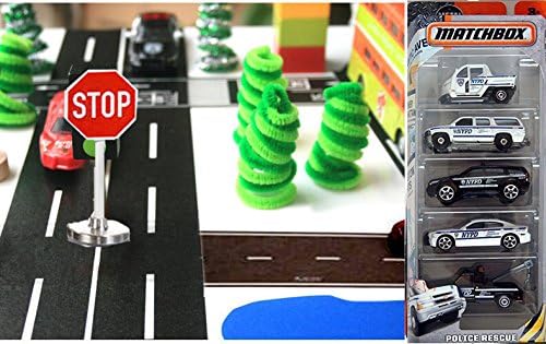 Matchbox NYC Police City builder Set miniature road signs &amp; Road play tape Black &amp; White Roll City Scene Collection trees and 5-pack police vehicles