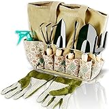 Scuddles Garden Tools Set - 8 Piece Heavy Duty Gardening Kit With Storage Organizer, Ergonomic Hand Digging Weeder Rake Shovel Trowel Sprayer Gloves Gift for Men Or Women