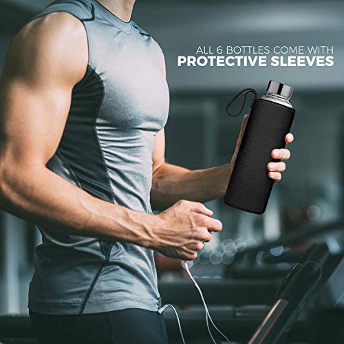 Glass Water Bottle 6 Pack 18oz Bottles for Beverages and Juicer Use Stainless Steel Leak Proof Caps with Carrying Loop - Including 6 Black Nylon Protection Sleeve and Soft Cleaning Brush - Thumbnail 3