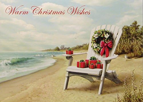 18 Christmas Cards and Envelopes, Airondak Chair on Beach with Magnolia Wreath and Presents