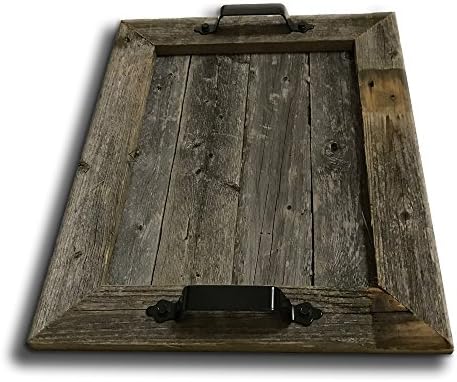 Old Farmhouse Barnwood Rustic Wood Serving Tray with Black Handles Authentic Weathered Wood, Large
