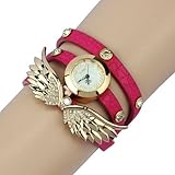 2014 Susenstore Vintage Leather Strap Angel Wings Rivet Bracelet Watches Wristwatch (Hot Pink)