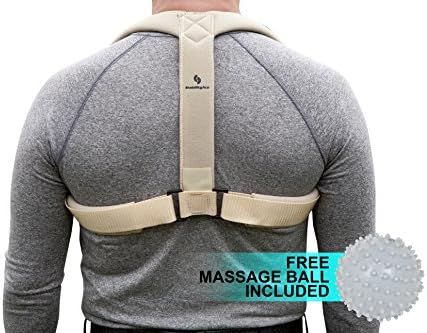 Upper Back and Shoulder Posture Corrector Brace and Clavicle Support with Massage Ball (Large, Beige)