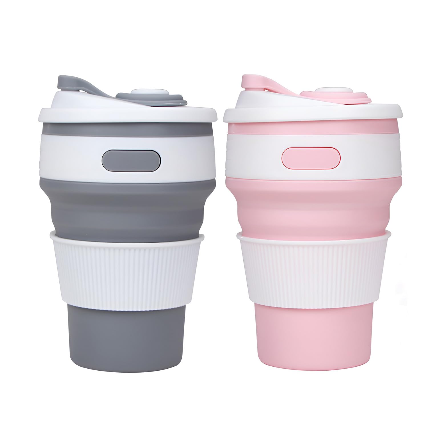 Accmuzzy 2 Pack Collapsible Cup with Lid, Foldable Travel Mug for Hot Drinks, Coffee Cup, Personalised Mug for Picnic, Camping, Hiking, Office (1 Grey 1 Pink)