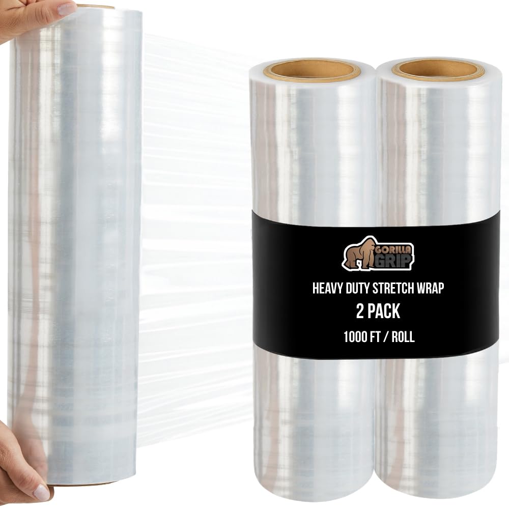 GORILLA GRIP 500% Stretch Film Heavy Duty Plastic, 2 Pack 1000ft Shrink Wrap Rolls 17" Puncture Resistant, Industrial Strength for Pallet Storing, Wrapping, Moving, Packing Furniture Protection Clear Image