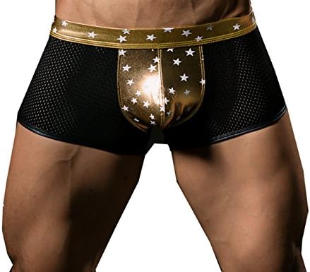 Snlydtan Sexy Men PU Mesh Patch Work Trunk Boxer Underwear Gold S