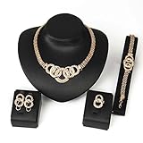 DDLBiz Women Gold Color Wedding Party Rhinestone Necklace Bracelet Ring Earrings Set