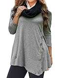 Sweetnight Women's Scoop Neck Long Sleeve Asymmetrical Hem Button Trim Tunic T Shirt Plus Size (XXXL, Gray)