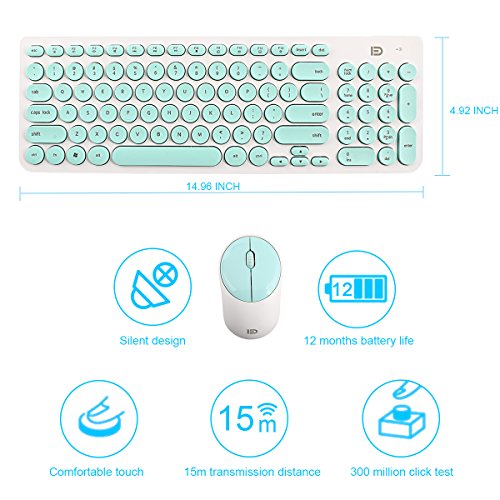 Wireless Keyboard and Mouse Combo, FD iK6300 2.4GHz Cordless Cute Round Key Set Smart Power-saving Whisper-Quiet Slim Combo for Laptop, Computer and Mac (Mint Green & White)