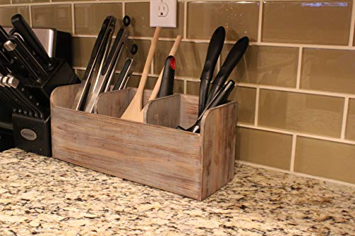 Vintage Rustic Barnwood Torched Wood Kitchen Utensil Holder - 3 Compartment Organizer Caddy Box For Cooking, Silverware, Flatware, Sauce Spoon, Tongs, and More