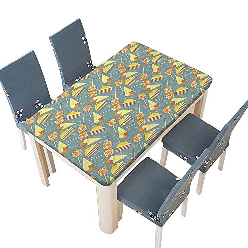PINAFORE Tablecloth Waterproof Polyester Table Cones Candies Lollipops with Blue Grey Backdrop Tablecloth for Wedding/Party W49 x L88.5 INCH (Elastic Edge)