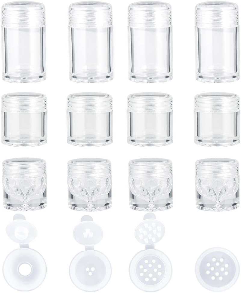 Vathery Empty Cosmetic Jars 12pcs Plastic Sample Travel Container Set with Sifter and Lids, 3/5/10ml