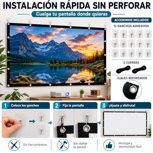 TPOUIDD Visualización de Proyector de 150 Pulgadas, Pantalla de Proyeccion Portátil Plegable HD 16:9, Resistente a Las Arrugas, Apta para Uso en Exteriores, Interiores y Cine en Casa (150)