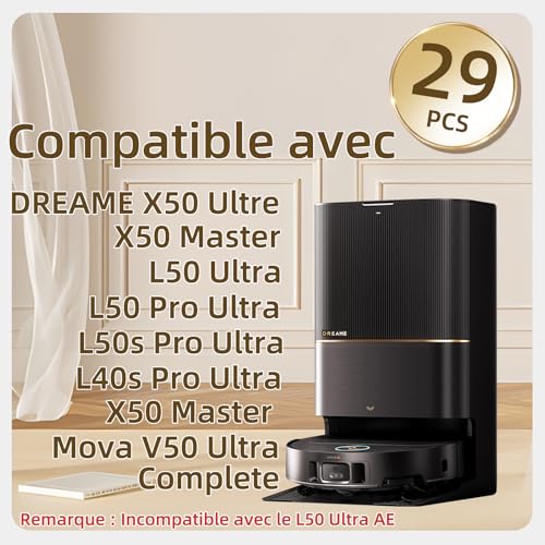 iRobacc 29PCS Accessoires pour Dreame X50 Ultra Complete/L50 Pro Ultra/X50 Master, 2 Brosses Principales, 6 Brosses Latérales, 6 Sacs à Poussière au Charbon Actif, 4 Filtres HEPA, 8 Mop Pads, etc.