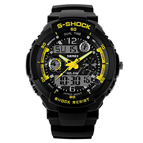 Multi-function Unisex Rubber Dual Time Led Light Waterproof Analog Digital S-Shock Alarm Sports Wrist Watch (Yellow)