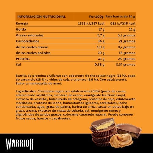 Barritas ricas en proteínas Warrior Crunch 20 g - Barritas bajas en azúcar/carbohidratos - Pack de 12 x 64 g - Consumir en el desayuno, después del entrenamiento (Chocolate negro y cacahuete)