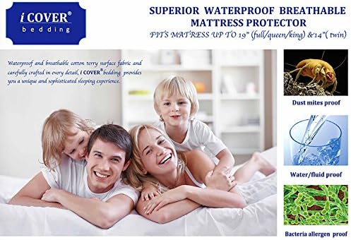 TWIN Size iCOVER Premium Hypoallergenic Cotton Terry Surface Waterproof, Dust Mite Proof, Bed Bugs Proof, Bacteria Proof, Breathable, machine washable, deep pocket Mattress Protector-Twin Size-MP1101