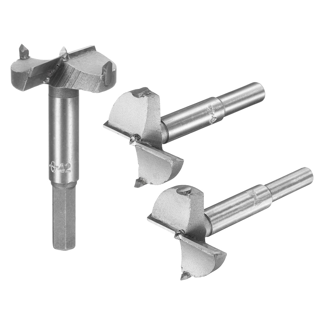 sourcing map Forstner Wood Boring Drill Bits 40mm 42mm 45mm Dia. Hole Saw Carbide Alloy Steel Tip Round Shank Cutting for Hinge Plywood Wood Tool 3in1 Set