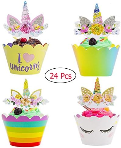 Gloween Unicorn Cupcake Toppers and Wrappers with Rainbow / Flower / Crown for Kids Birthday Party and Weeding Decoration,24 Sets,by