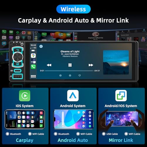 6,28” Autoradio 1 DIN con Schermo,Car Radio con Wireless CarPlay Android Auto,Radio 1 Din Car Play Supporta Bluetooth,Mirror Link, Telecamera Posteriore,FM,EQ,Type-C,Mic,Touchscreen,Navigazione GPS