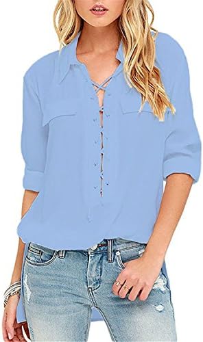 Tirahse Fashionable Women Long Sleeve Collared Lace-up Top Blouse Blue(US 16-18)XL