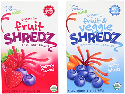 Plum Organics Kids Fruit Shredz Variety Snack Bundle: (1) Berry  Licious Fruit Shredz 3.15oz and (1) Rooty Blues Fruit Shredz 3.15oz (2 Pack Total)
