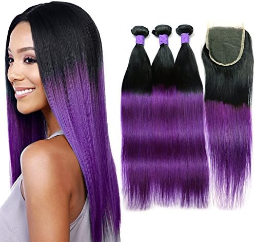 MAOYUAN 8A Ombre Purple Straight Brazilian Virgin Hair with Closure 3 Bundles Human Hair Weave Tissage Bresilienne Avec Closure (12&12&12&Clousure 10)