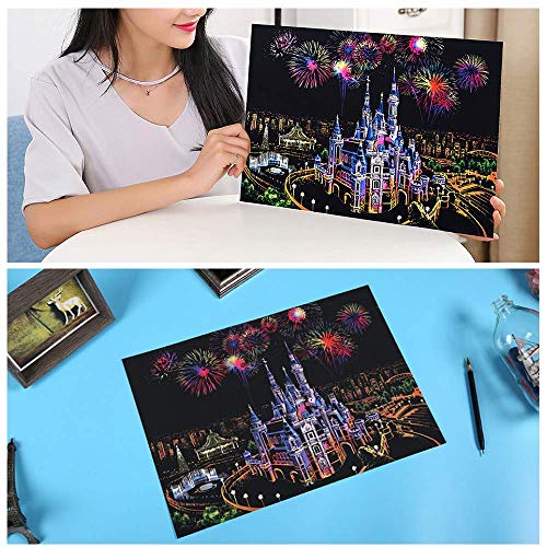 Ageqi Scratch Art Paper Rainbow Painting Sketch Pad for Adult and Kids, DIY Night View Scratchboard - 16'' x 11.2'' with 3 Tools (Dream Castle)