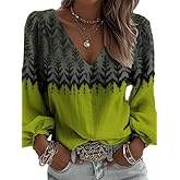 Women's Boho V-Neck Long Sleeve Blouse Top with Ethnic,Floral,Paisley and Embroidery Prints for Casual Everyday Style
