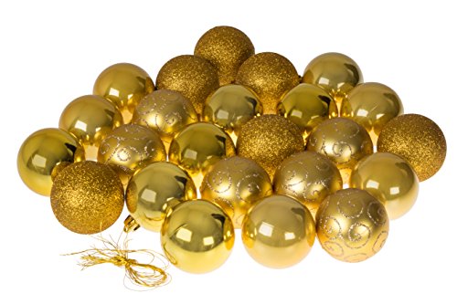 Christmas Ornaments Variety Set | Gold Christmas Decor Theme | Glitter, Gloss, & Mirror Ball Textures Shatter Resistant Plastic | 60mm Round Ornaments | 24 Pack