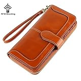 Women's RFID Blocking Genuine Leather Wallet Ladies Zipper Wristlet Clutch (Brown Tan)