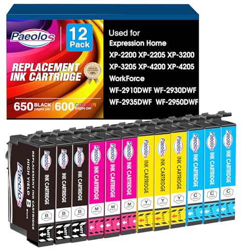 Paeolos Replacement for 604XL Ink Cartridges Compatibles for Epson Multipack Compatible with Expression Home XP-2200 XP-2205 XP-3200 XP-3205 XP-4200 XP-4205 Workforce WF-2910 WF-2930(12 Pack)