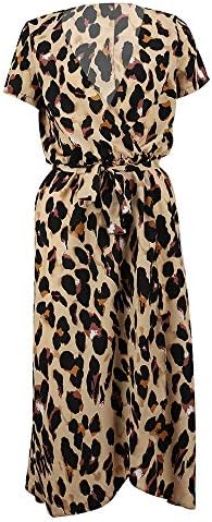 Womens Leopard Print Boho Maxi Dress Ladies Holiday Long Short Sleeve Dress Leopard Printed Split Dress