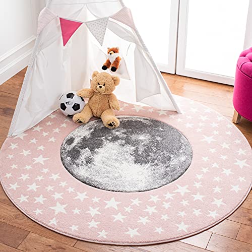 SAFAVIEH Carousel Kids Collection 3' Round Pink/Grey CRK135U Moon & Stars Non-S…