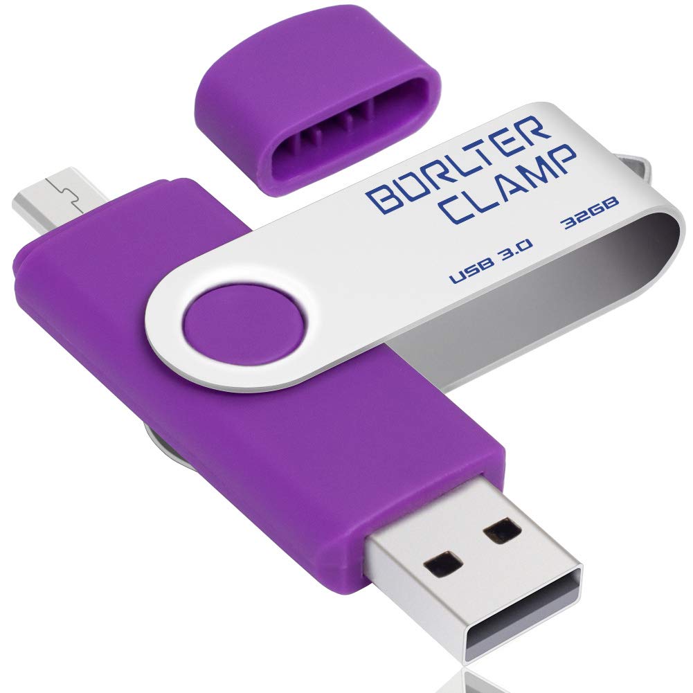 BORLTER CLAMP 32GB Dual USB 3.0 Flash Drive OTG Memory Stick, Swivel Thumb Drive with Micro USB Drive Port for Android Smartphone Tablet & Computer (Purple)