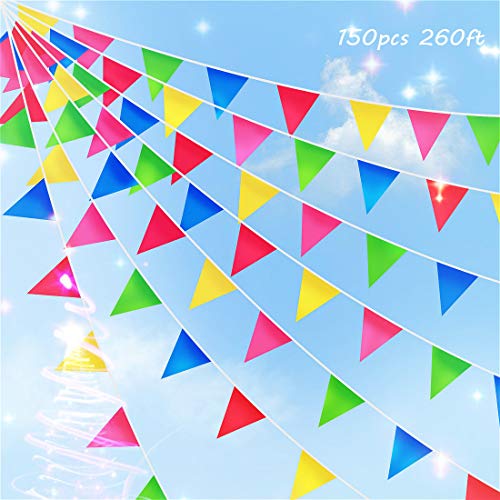 260ft 150pcs Multicolor Pennants Banner Rainbow Colorful Nylon Flags for Birthday Party Decorations Weather Resistant Grand Opening Celebrations Christmas Festivals