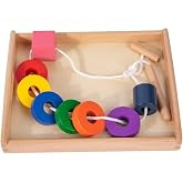 Adena Montessori Wooden Lacing Bead Set with Tray, 1-3y | 8 colorful geometric shapes with laces. Builds fine motor, pattern sequencing &amp; hand-eye. Montessori. Gift 1-3y.