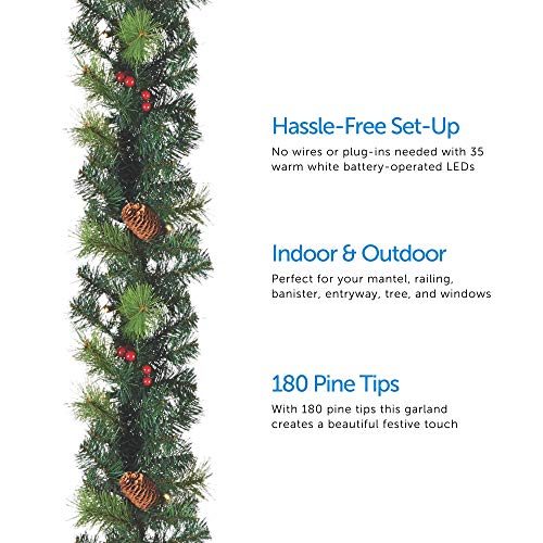 NOMA Prelit 9Ft LED Berry & Pinecone Christmas Garland with Battery