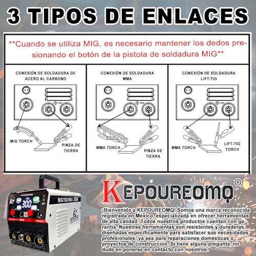 KEPOUREOMQ Soldadora Inversora Portátil de 300A, 3 en 1 Soldadora Inverter de MIG/MMA/TIG, Máquina de Soldar sin Gas, con Voltage Dual 110/220V, 60% Ciclo de Trabajo, Inversor IGBT, LED Pantalla, IP21