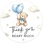 Andaz Press 2 Inch Round Baby Blue Thank You Beary Much Baby Shower Stickers, Teddy Bear Baby Shower Decorations, We Can Bearly Wait Decorations, Neutral Stickers for Candy, Favors, Envelopes, 40 Pack
