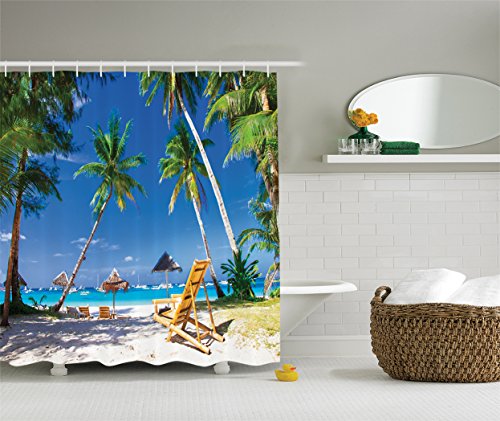 Ambesonne Seaside Shower Curtain, Sun Bed Under Palm Trees Tropical Oceanside in Boracay Island Image Print, Cloth Fabric Bathroom Decor Set with Hooks, 69" W x 70" L, White Green